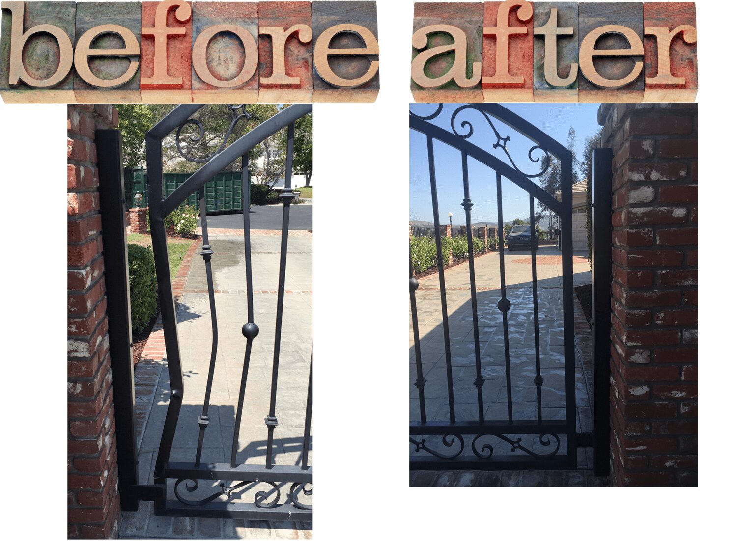 A before and after picture of an iron gate.