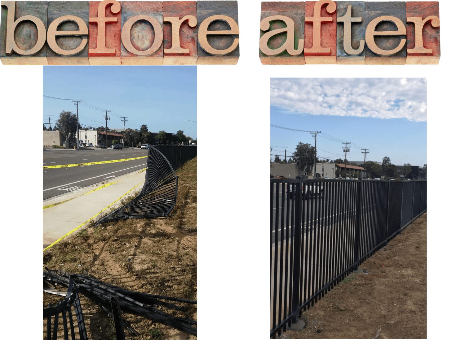 Before and after photos of a fence with barbed wire.