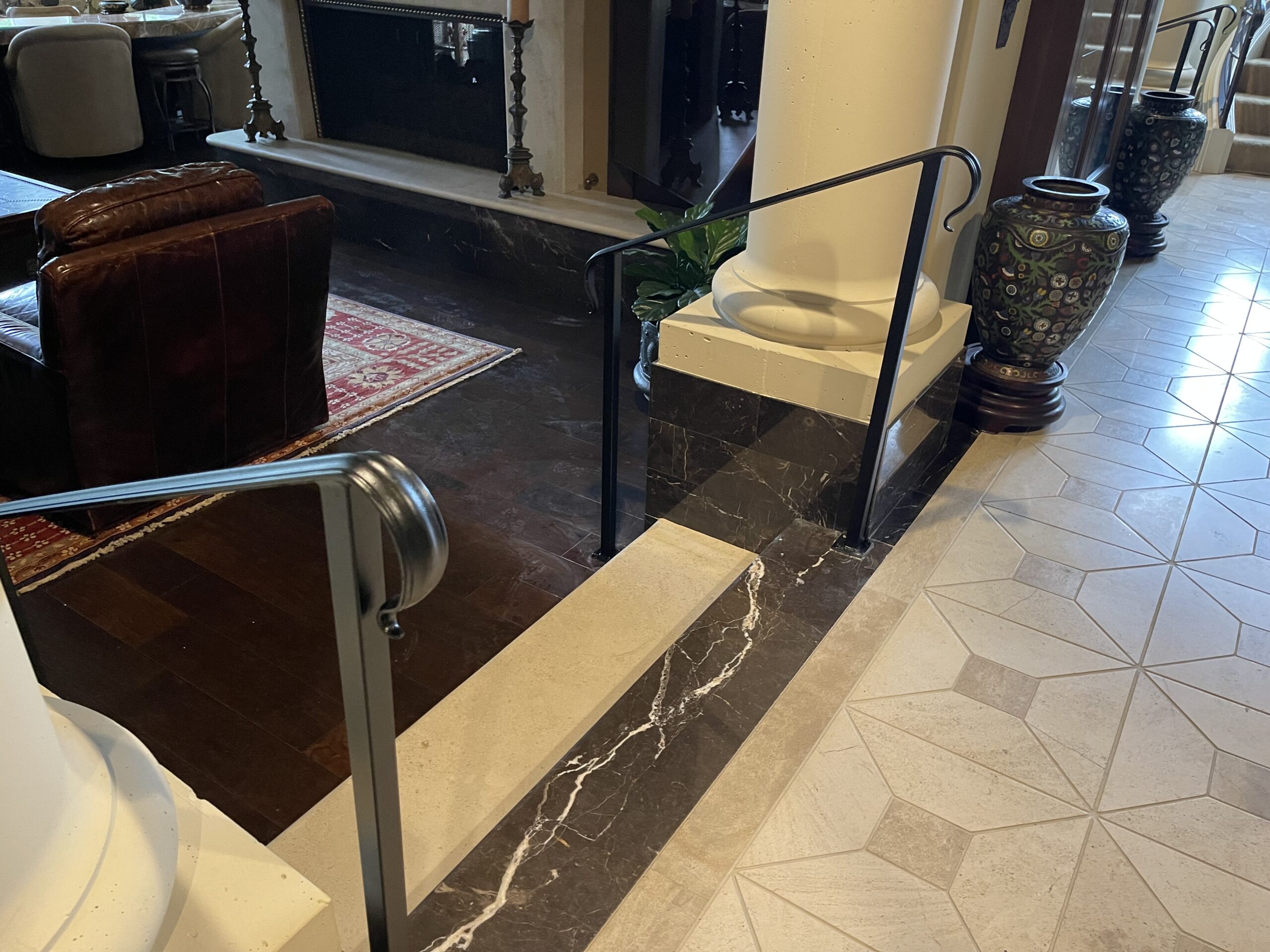 Elegant interior with marble and wooden flooring.